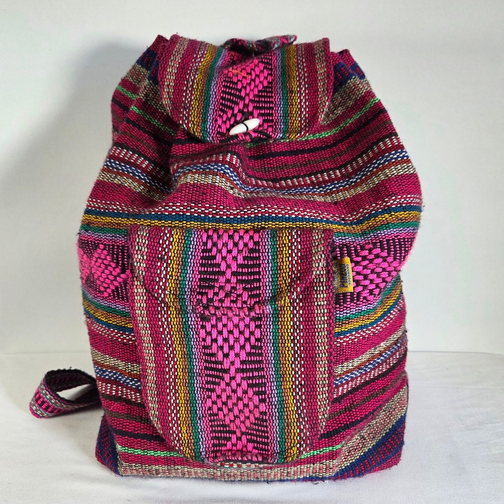 Artesanias‎ MR Pinzon Woven Boho Backpack Pink Multi Stripe Drawstring Bag